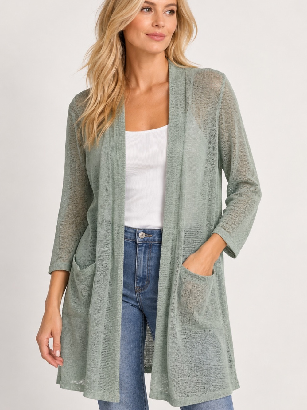 J.Jill Linen Blend Open Front Cardigan Sage Green L Petite Lightweight Knit